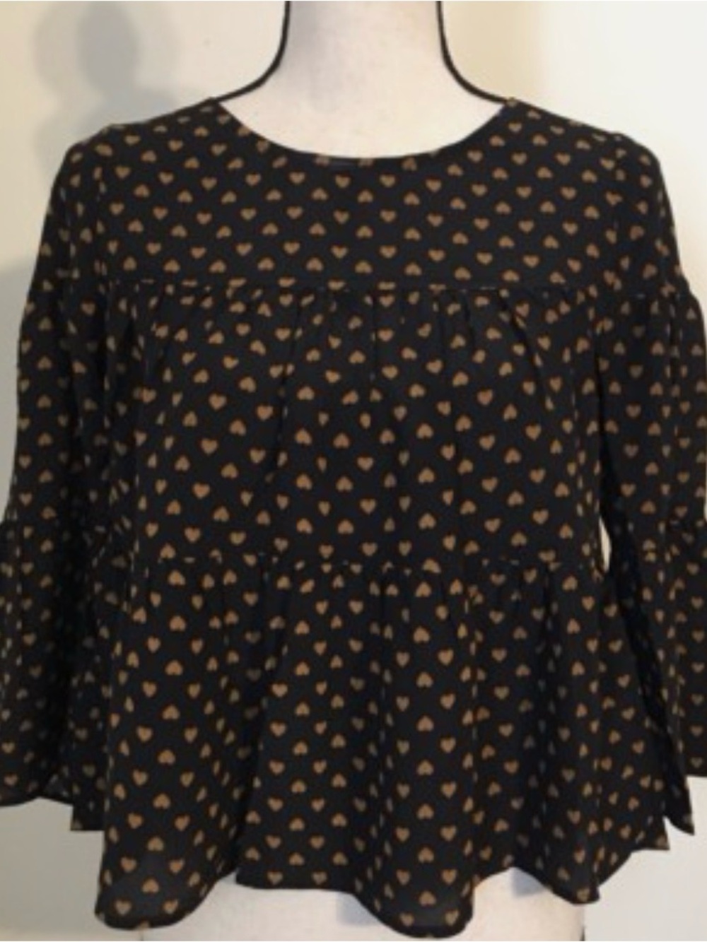 Madewell Black Blouse with Tan Heart Print